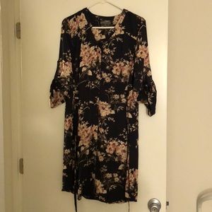 Dark navy floral button up dress w/ tie back belt